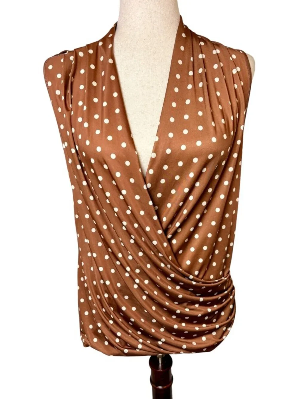 Les Serein Brown Cream Polka Dot Draped Surplice Top Size Medium